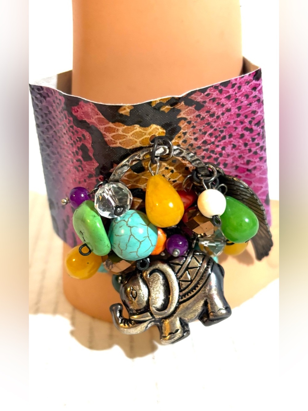 Boho Elephant Charm Bracelet Cuff - Multicolor